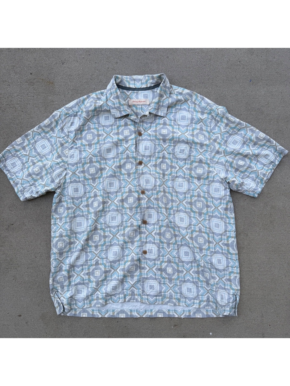 Tommy Bahama Camp Shirt Mens Blue Geometric 100% Silk Casual
